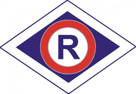 emblemat ruchu drogowego - litera R na biało granatowym tle